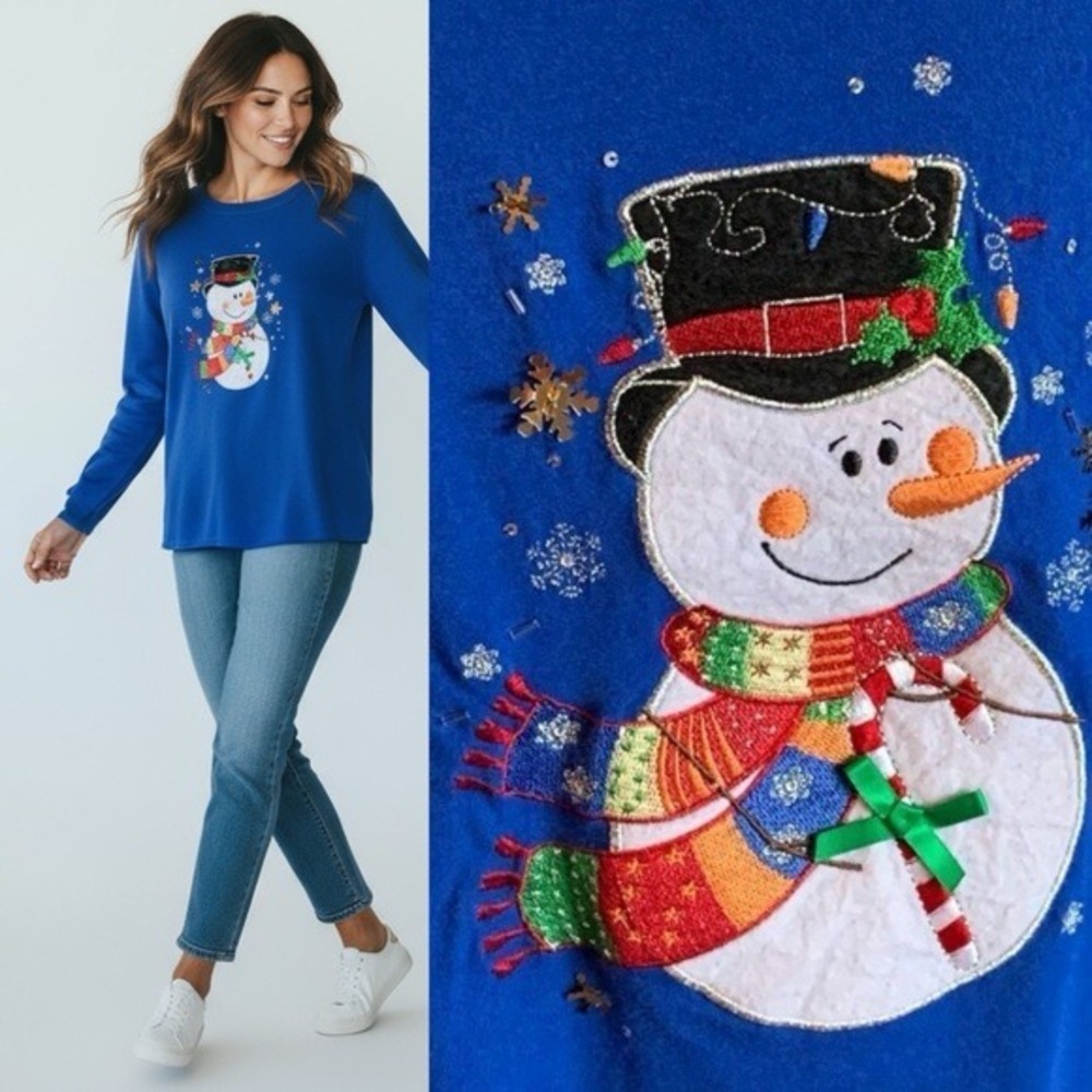 Rebecca Malone Womens Snowman Christmas Shirt‎ Size XL Blue Holiday Knit Festive